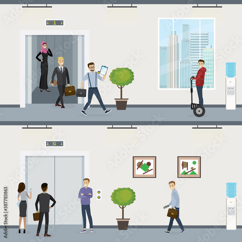 Office workers leave elevator on first floor. Business people waiting lift on ground floor. Interior of business center corridor.