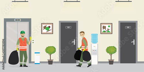 Cartoon cleaners take out trash. Two men waiting for elevator. Male characters in uniform with bags of garbage