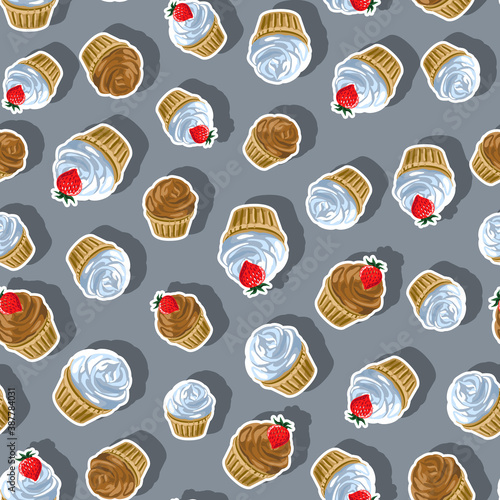 Сupcakes with chocolate and milk muss, decorated strawberries. Gray background. Ыeamless vector pattern.