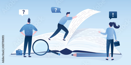 Group of business people or employees reads open guide book or user manual. Finding answers, solving problems, FAQ concept.