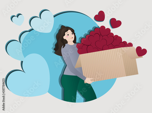 The girl carries a box of likes with a smile. A cute girl carries a box of likes for social networks. Creative idea. Hearts and blue background.