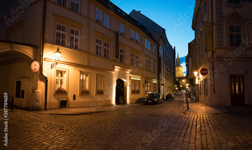Night street of old Prague Under the light of lanterns