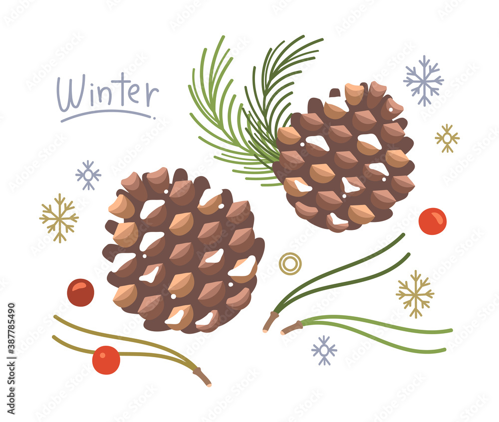 雪の降る松ぼっくりと松の葉のイラスト クリスマス風 Vector De Stock Adobe Stock