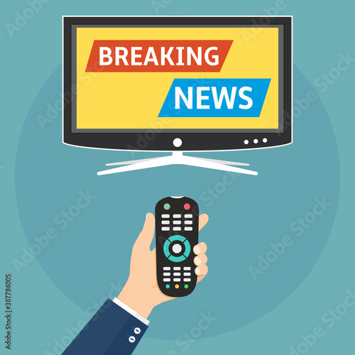 Breaking news flat design concept. Human holding remote control and watch smart tv with breaking news.