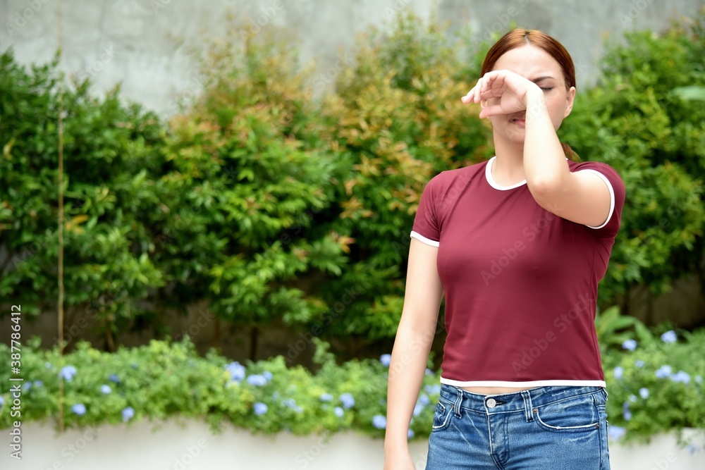 Tearful Beautiful Redhead Female Wearing Jeans Standing Tearful Beautiful Redhead Female Wearing Jeans Standing