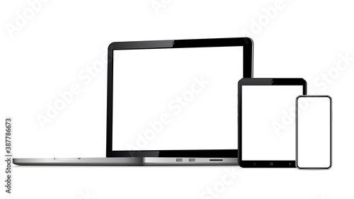 Devices including smartphone, digital tablet and laptop, blank screen with copyspace