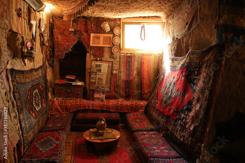 Interior of room inside the cave. Comfortable cave dwelling. Cappadocia, Turkey.