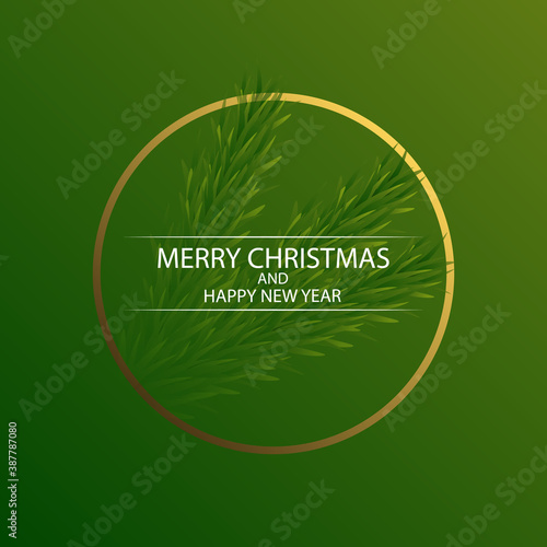 Spruce branches with golden round frame, vector art illustration.