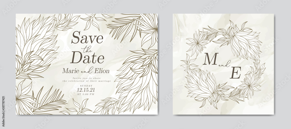 Abstract watercolor wedding invitation card with vintage leaves style
