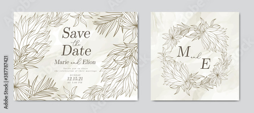 Abstract watercolor wedding invitation card with vintage leaves style