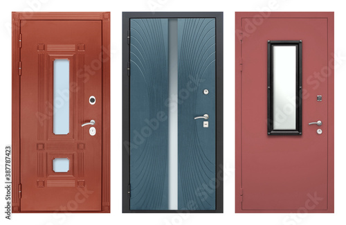 Fototapeta Naklejka Na Ścianę i Meble -  Set of models of entrance metal doors isolated on white background