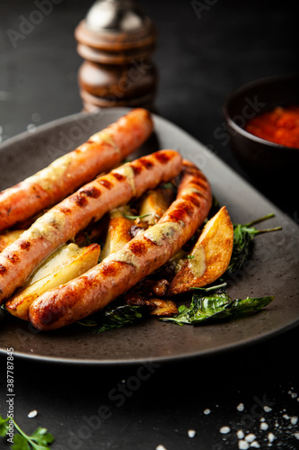 Grilled sausages with fried potatoes, rosemary and basil on a plate