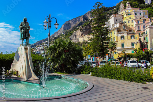 View of the Flavio GIoia statue in Piazza Flavio Gioia in Amalfi, a statue that portrays the self-styled navigator and alleged inventor of the magnetic compass, which never actually existed.
