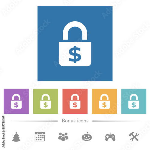 Locked Dollars flat white icons in square backgrounds