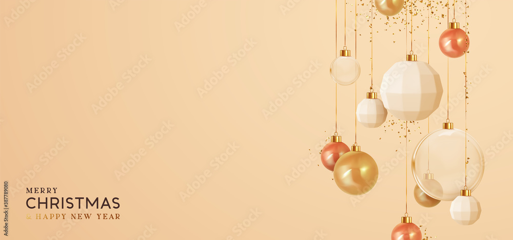 Fototapeta premium Background with Christmas balls. Realistic Xmas decorative gold round baubles hanging on ribbon, falling shiny confetti,. Greeting card, banner, cover flyer poster. Merry Christmas and Happy New Year.