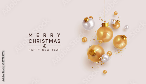 Xmas Realistic balls bauble hanging on ribbon. Merry Christmas and Happy New Year. Background with festive 3d golden balls. Falling Tinsel glitter gold confetti. vector illustration