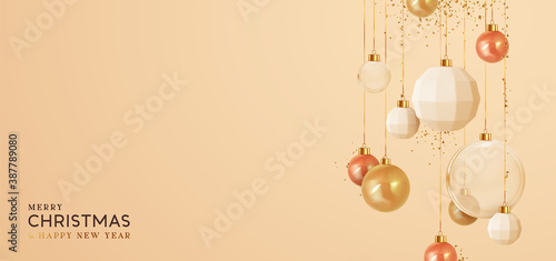 Background with Christmas balls. Realistic Xmas decorative gold round baubles hanging on ribbon, falling shiny confetti,. Greeting card, banner, cover flyer poster. Merry Christmas and Happy New Year.