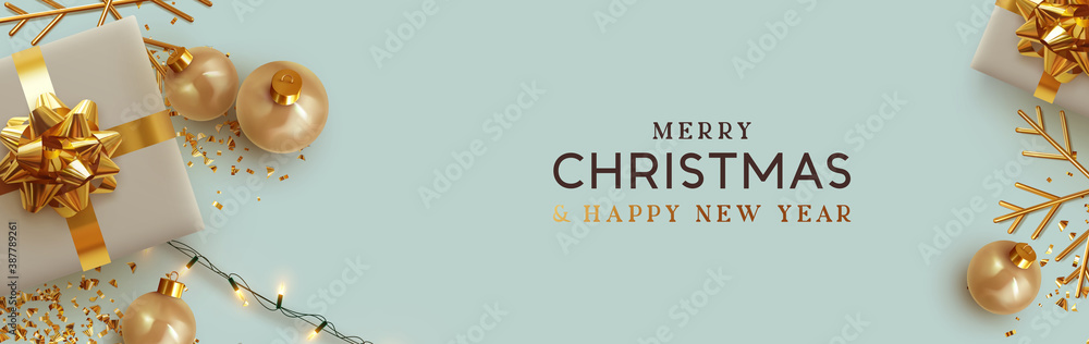 Christmas banner. Background Xmas design of realistic beige gifts box, golden 3d render snowflake and glitter gold confetti, bauble ball. Horizontal christmas poster, greeting card, header for website - obrazy, fototapety, plakaty 