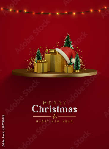 Merry Сhristmas and Happy New Year. Xmas composition golden podium with fluffy pine tree and fir trees, gold 3d gifts boxes, shiny tinsel confetti. Winter greeting desing. Holiday vector illustration