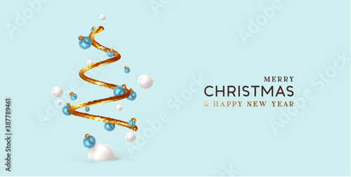 Abstract minimal christmas design, golden metallic cone spiral tree, with realistic holiday baubles round balls. Xmas decorative 3D objects. Christmas and New Year background. vector illustration
