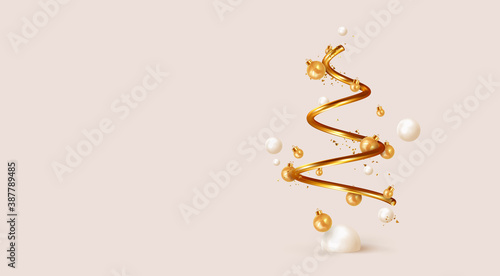 Abstract minimal christmas design, golden metallic cone spiral tree, with realistic holiday baubles round balls. Xmas decorative 3D objects. Christmas and New Year background. vector illustration