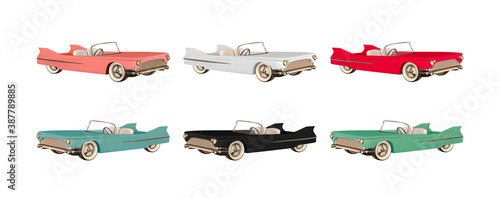 Set of Retro car convertible realistic. Luxury vintage 3d car red and white, black and blue, brown pink color. object isolated on white background. Period from 40s to 80s years. Vector illustration