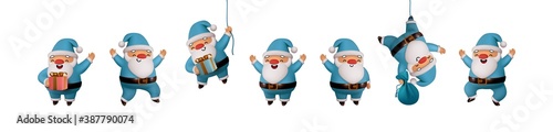 Set of Happy Santa Claus in blue clothes. Realistic 3d character compatible doodle emoji elements on face. Collection objects Isolated on white background for Xmas festive design. Vector illustration