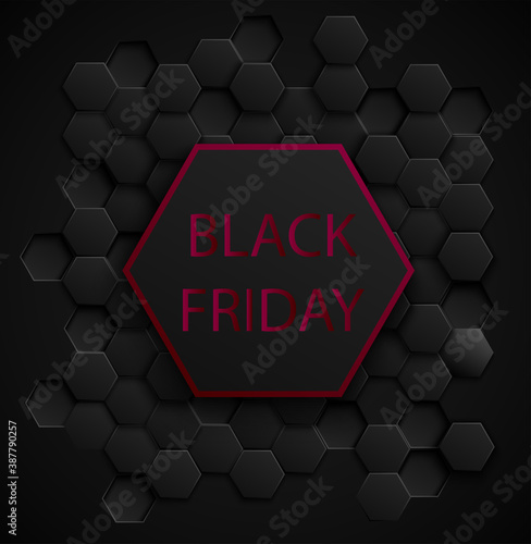 carte ou bandeau sur les "black friday" en rouge dans un hexagone noir à bordure rouge sur un fond noir avec plein de petits hexagones  
