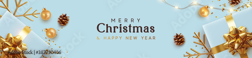 Christmas banner. Background Xmas design of realistic blue gifts box, golden 3d render snowflake and glitter gold confetti, bauble ball. Horizontal christmas poster, greeting card, headers for website