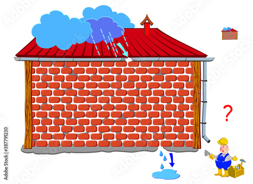 Logic puzzle game with labyrinth for children and adults. How rain water flows through the brick wall? Find the way. Worksheet for kids brain teaser book. IQ test. Play online.