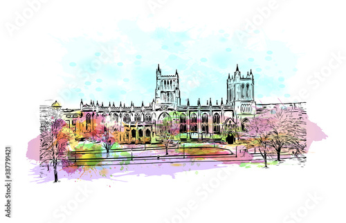 Building view with landmark of Bristol is a city straddling the River Avon in the southwest of England. Watercolor splash with hand drawn sketch illustration in vector.