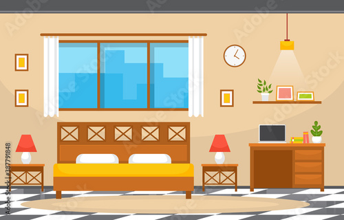 Bedroom Sleeping Room Bed Interior Design Modern Hotel Apartment Illustration