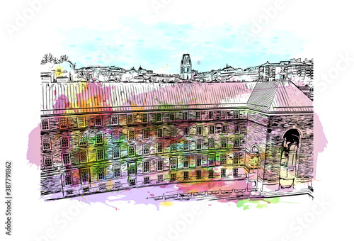 Building view with landmark of Bristol is a city straddling the River Avon in the southwest of England. Watercolor splash with hand drawn sketch illustration in vector.