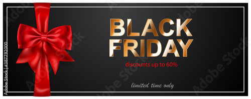 Black Friday sale banner with red bow and ribbons on dark background. Vector illustration for posters, flyers or cards.