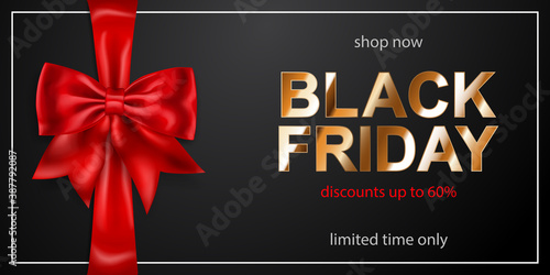 Black Friday sale banner with red bow and ribbons on dark background. Vector illustration for posters, flyers or cards.
