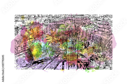 Building view with landmark of Bristol is a city straddling the River Avon in the southwest of England. Watercolor splash with hand drawn sketch illustration in vector.