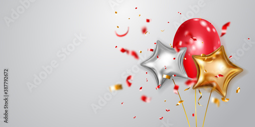 Festive background with golden, red and silver air balloons and shiny pieces of serpentine. Vector illustration for posters, flyers or cards.