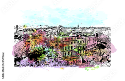 Building view with landmark of Bristol is a city straddling the River Avon in the southwest of England. Watercolor splash with hand drawn sketch illustration in vector.
