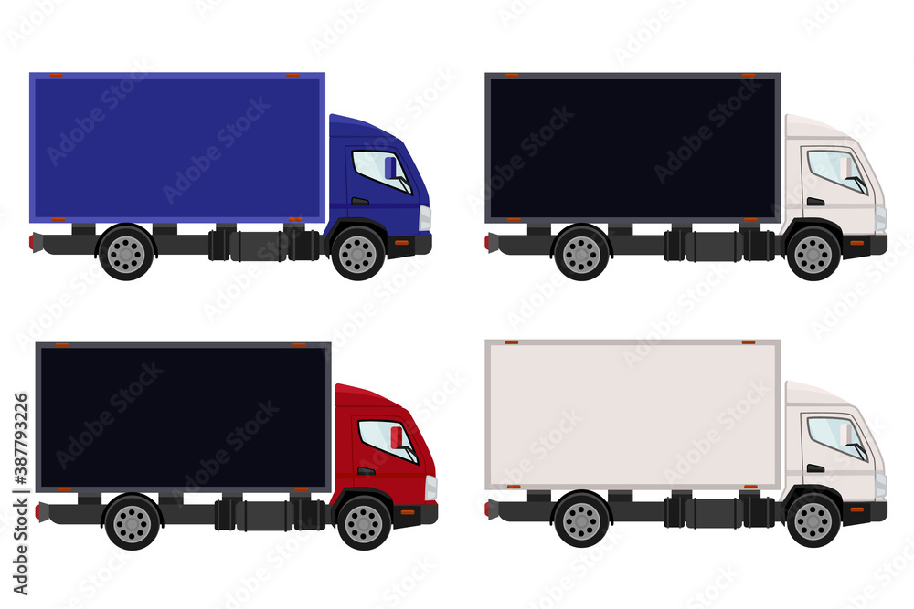 Cargo van, delivery of goods. A set of trucks of different colors. Vector illustration. Cargo van, delivery of goods. A set of trucks of different colors. Vector illustration.