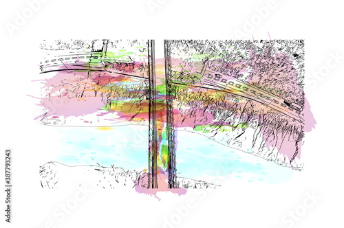 Building view with landmark of Bristol is a city straddling the River Avon in the southwest of England. Watercolor splash with hand drawn sketch illustration in vector.