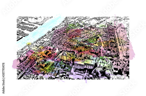 Building view with landmark of Bristol is a city straddling the River Avon in the southwest of England. Watercolor splash with hand drawn sketch illustration in vector.