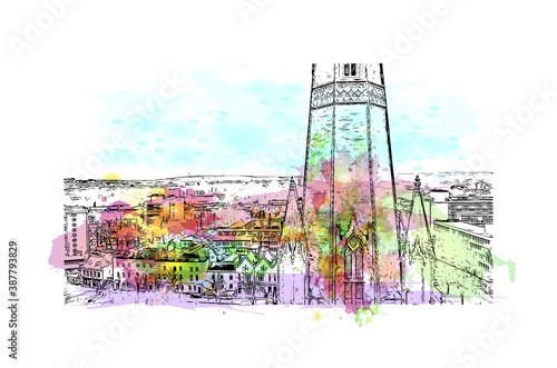 Building view with landmark of Bristol is a city straddling the River Avon in the southwest of England. Watercolor splash with hand drawn sketch illustration in vector.