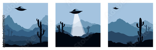 Abstract landscape with UFO / Set vector illustrations, backgrounds, triptych, flying saucer over mexico