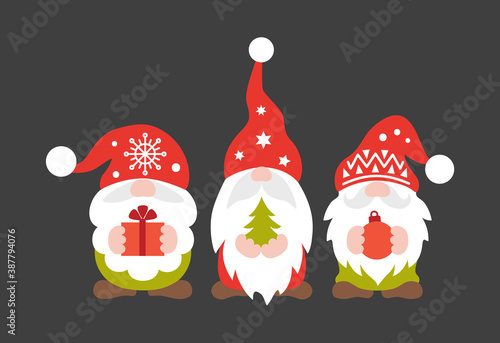 Christmas gnome vector. Cute scandinavian gnomes in santa hats in cartoon style. Greeting Christmas card with Scandinavian holiday characters isolated on dark background.