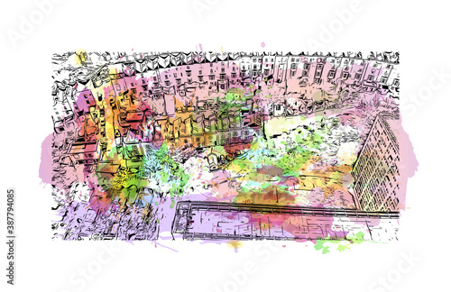 Building view with landmark of Bristol is a city straddling the River Avon in the southwest of England. Watercolor splash with hand drawn sketch illustration in vector.