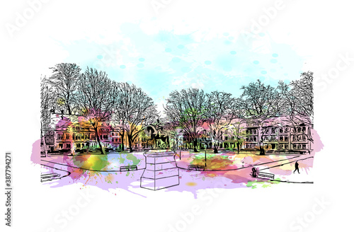 Building view with landmark of Bristol is a city straddling the River Avon in the southwest of England. Watercolor splash with hand drawn sketch illustration in vector.