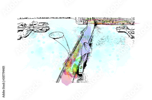 Building view with landmark of Bristol is a city straddling the River Avon in the southwest of England. Watercolor splash with hand drawn sketch illustration in vector.