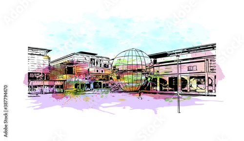 Building view with landmark of Bristol is a city straddling the River Avon in the southwest of England. Watercolor splash with hand drawn sketch illustration in vector.