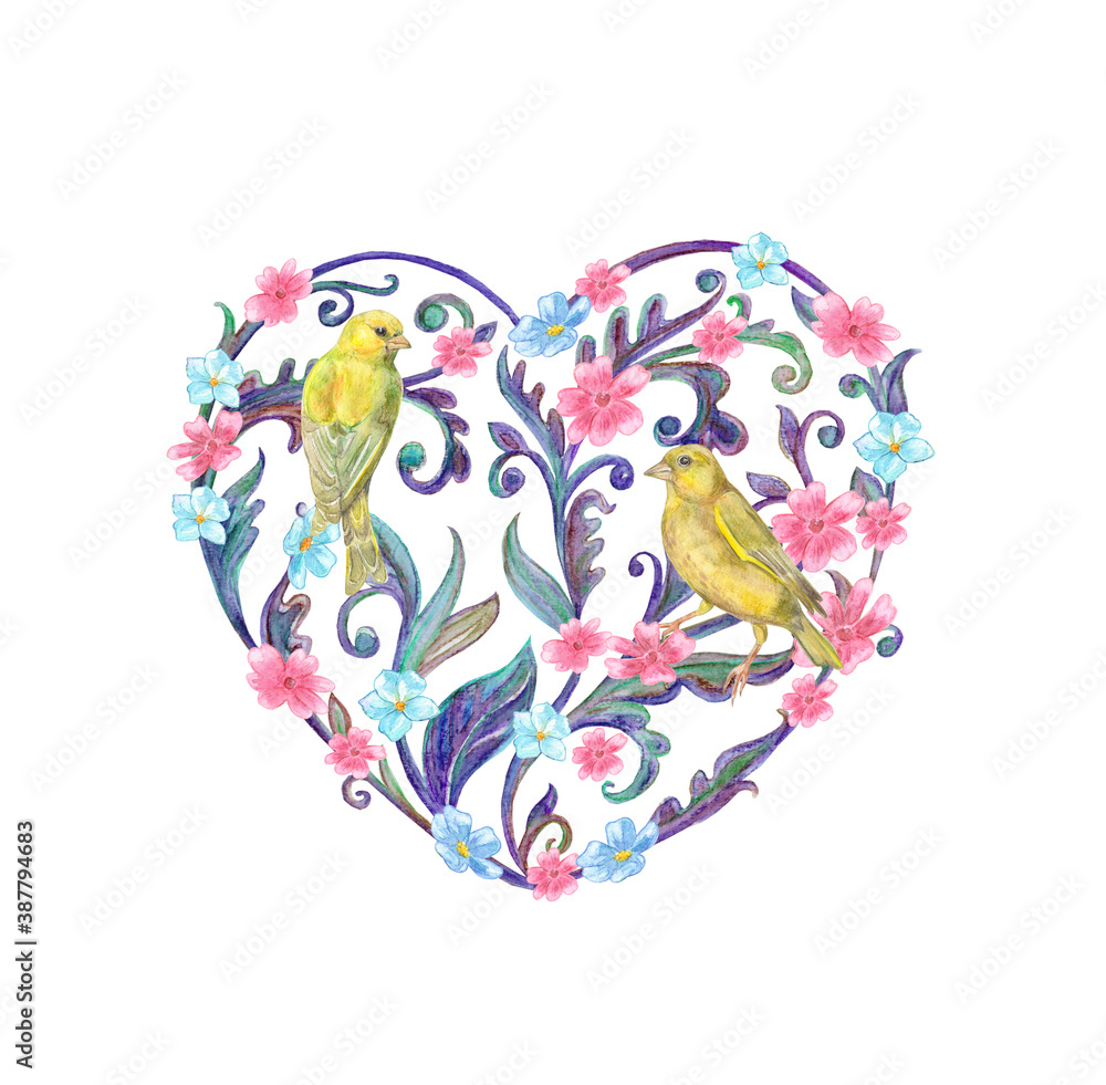 lovely floral heart with couple of yellow birds. watercolor painting