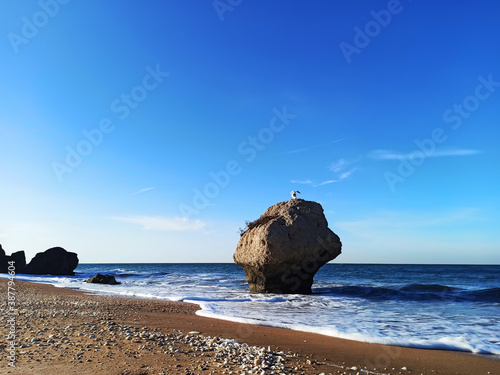Sea waves crash against rocks on a wild stone beach. Calm sea water. White clouds in the blue sky. sea rest. large stones. foam. © North10